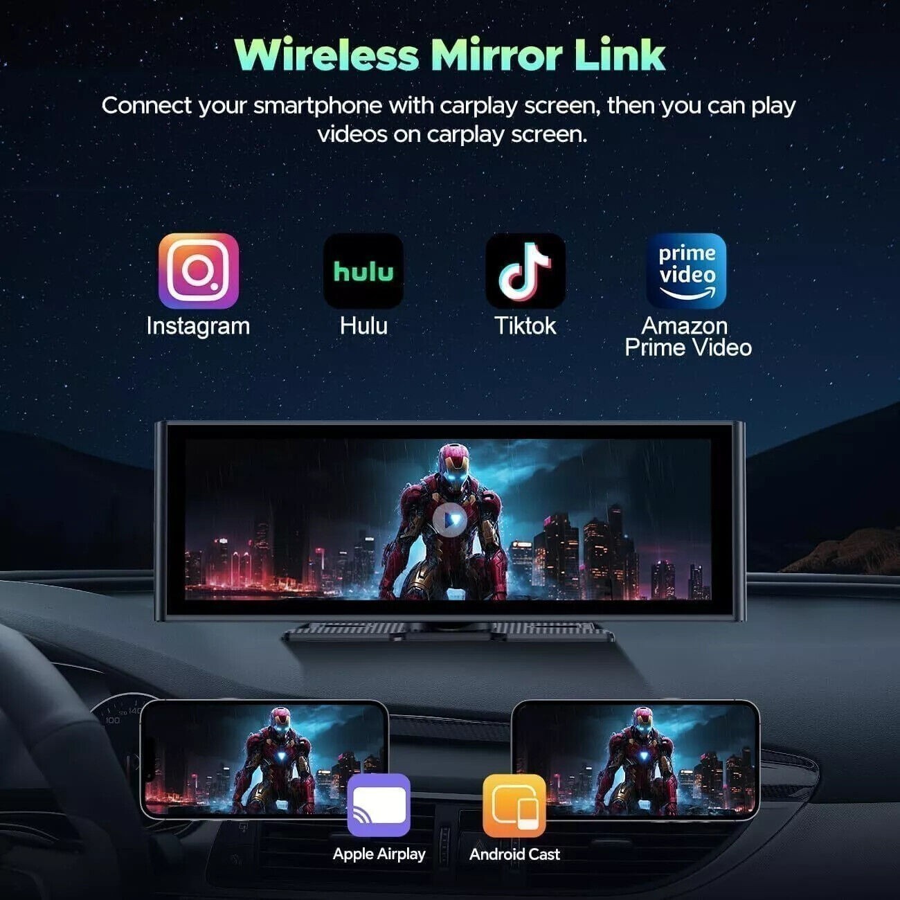 10.26″Car Stereo Portable Wireless Apple CarPlay Android Auto 4K+1080P Dash Cam