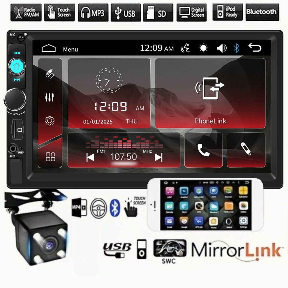 7″ Double 2 DIN Car MP5 Player Bluetooth Touch Screen Stereo Radio With Camera