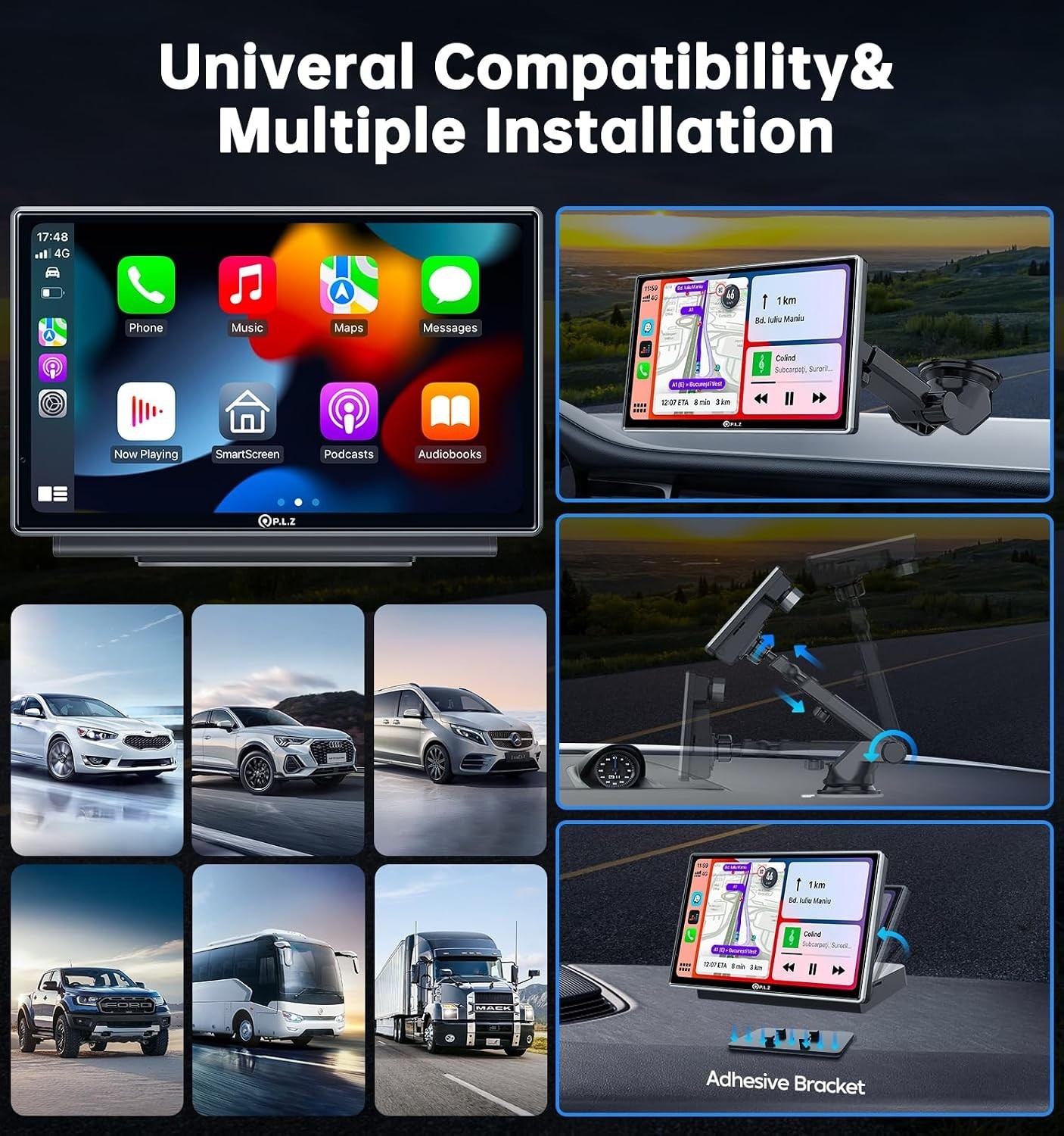 7″ Portable Wireless Apple Carplay Stereo Screen for Car, 2.5K Dash Camera