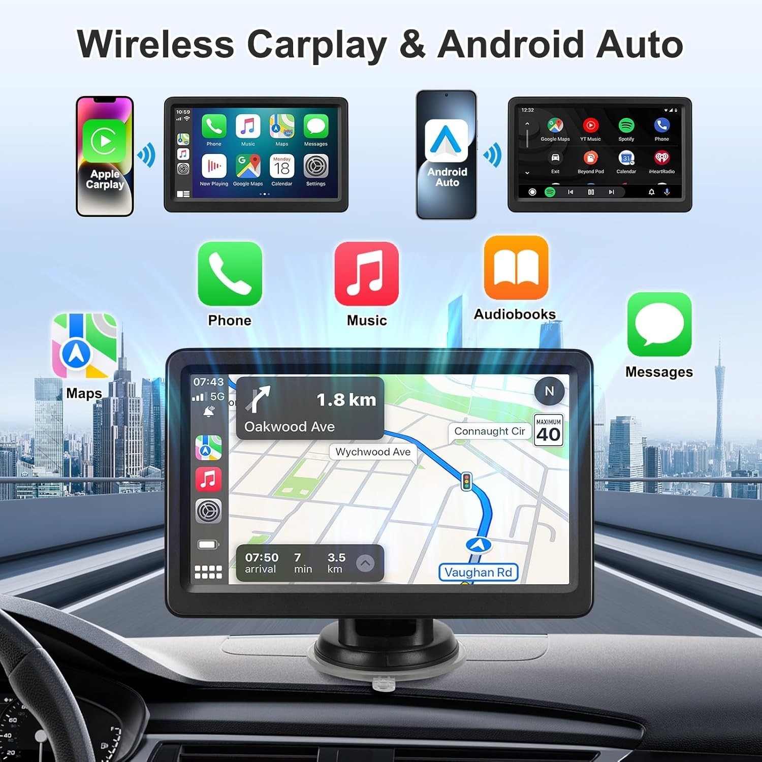 Effortless Navigation: 7-Inch Wireless CarPlay with Voice Control & Easy Mount