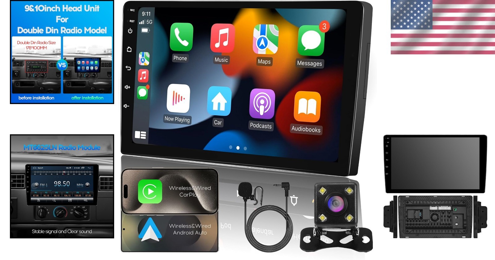 10″ IPS Touchscreen Car Audio Video Receiver w/ Wireless CarPlay & Android Auto