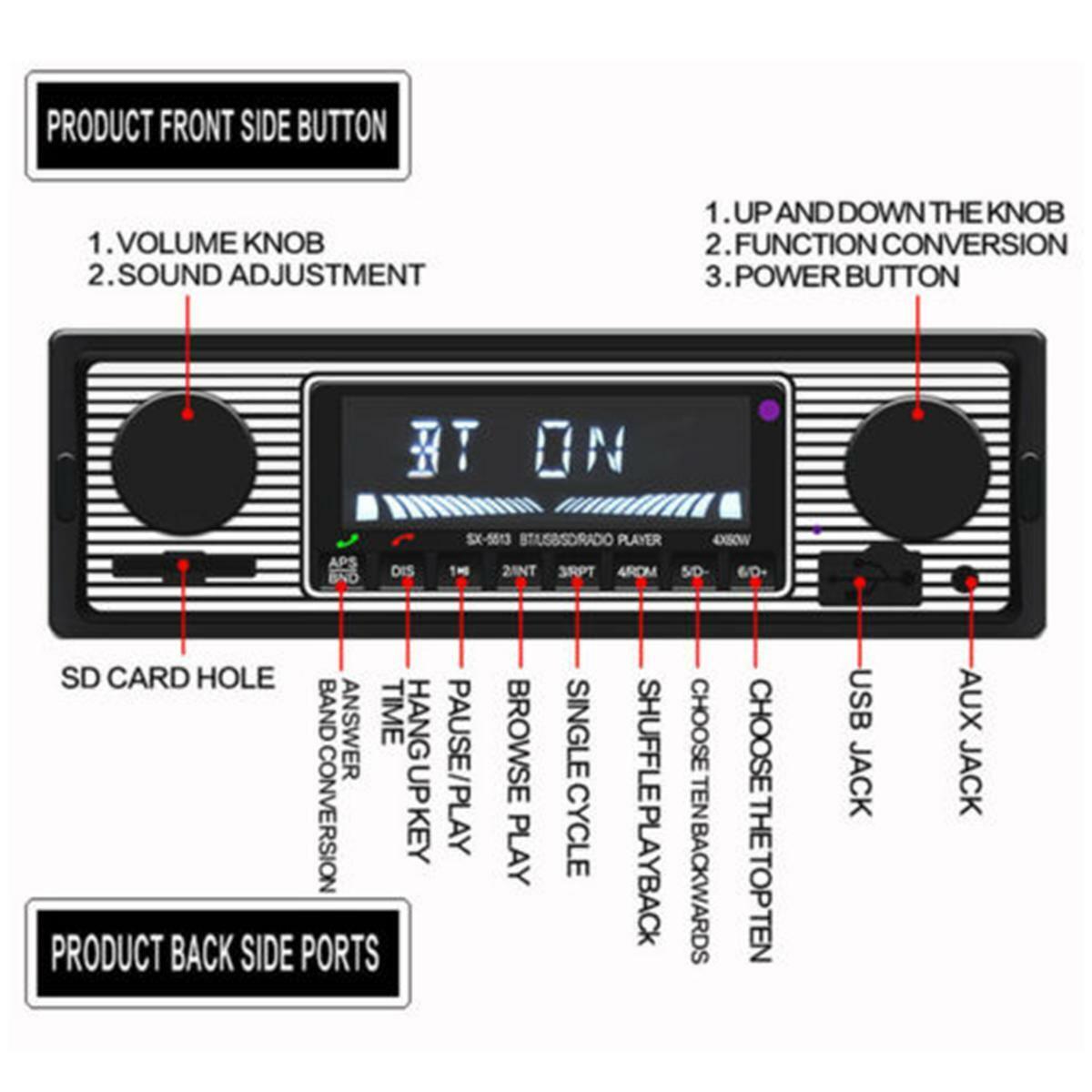 Bluetooth Car Radio Vintage MP3 Player FM USB AUX Classic Stereo Audio Receiver