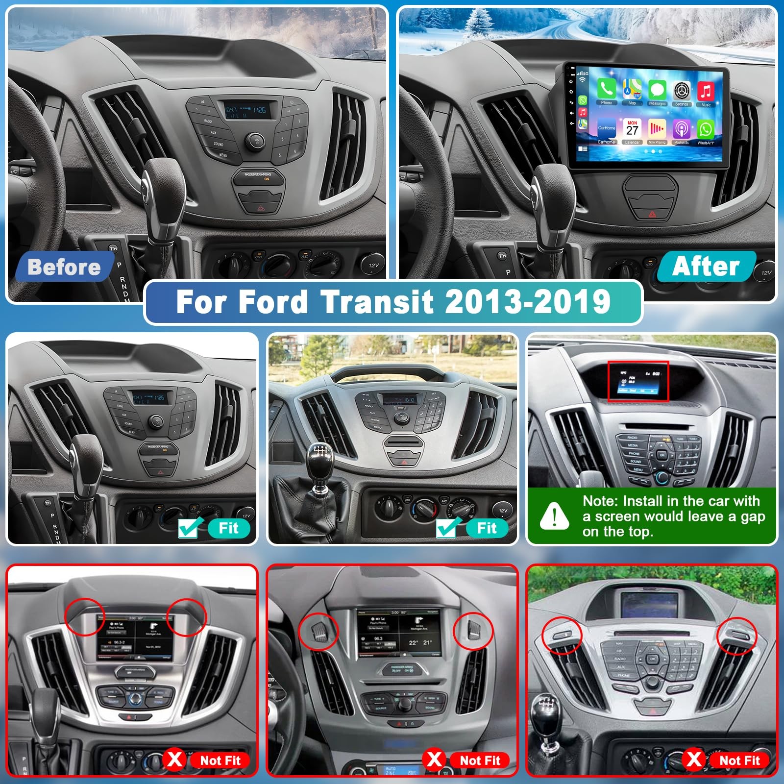 4+64G Android 13 Car Radio for Ford 2013-2019 Transit, 9 Inch IPS Touch Screen