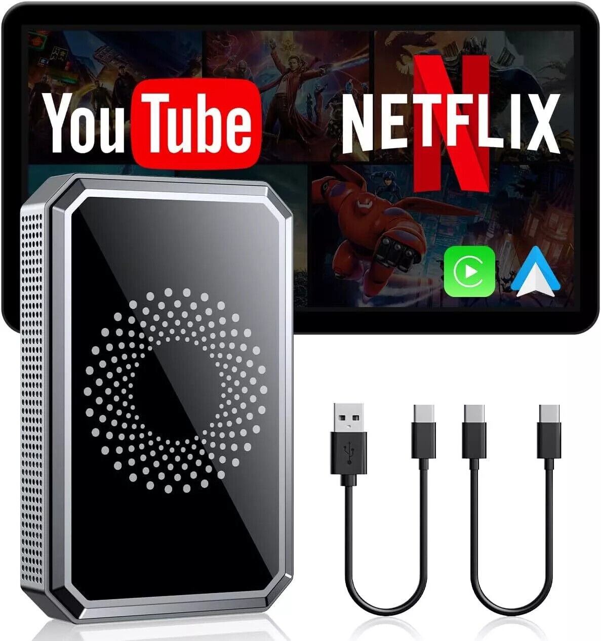 3 IN 1 Wireless CarPlay Android Auto Adapter AI Box for Car w/ Netflix YouTube