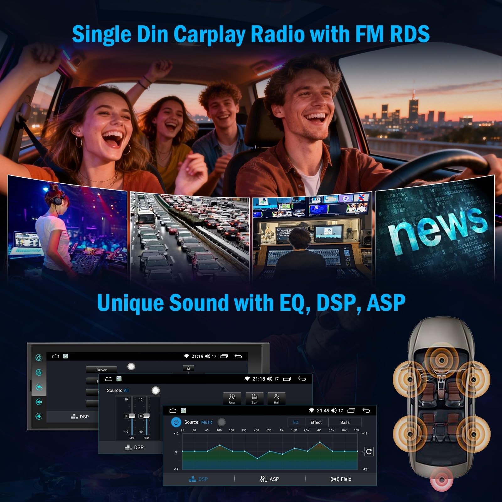 Single DIN Car Radio 6.9″ Wireless Apple CarPlay Android Auto Bluetooth 5.2