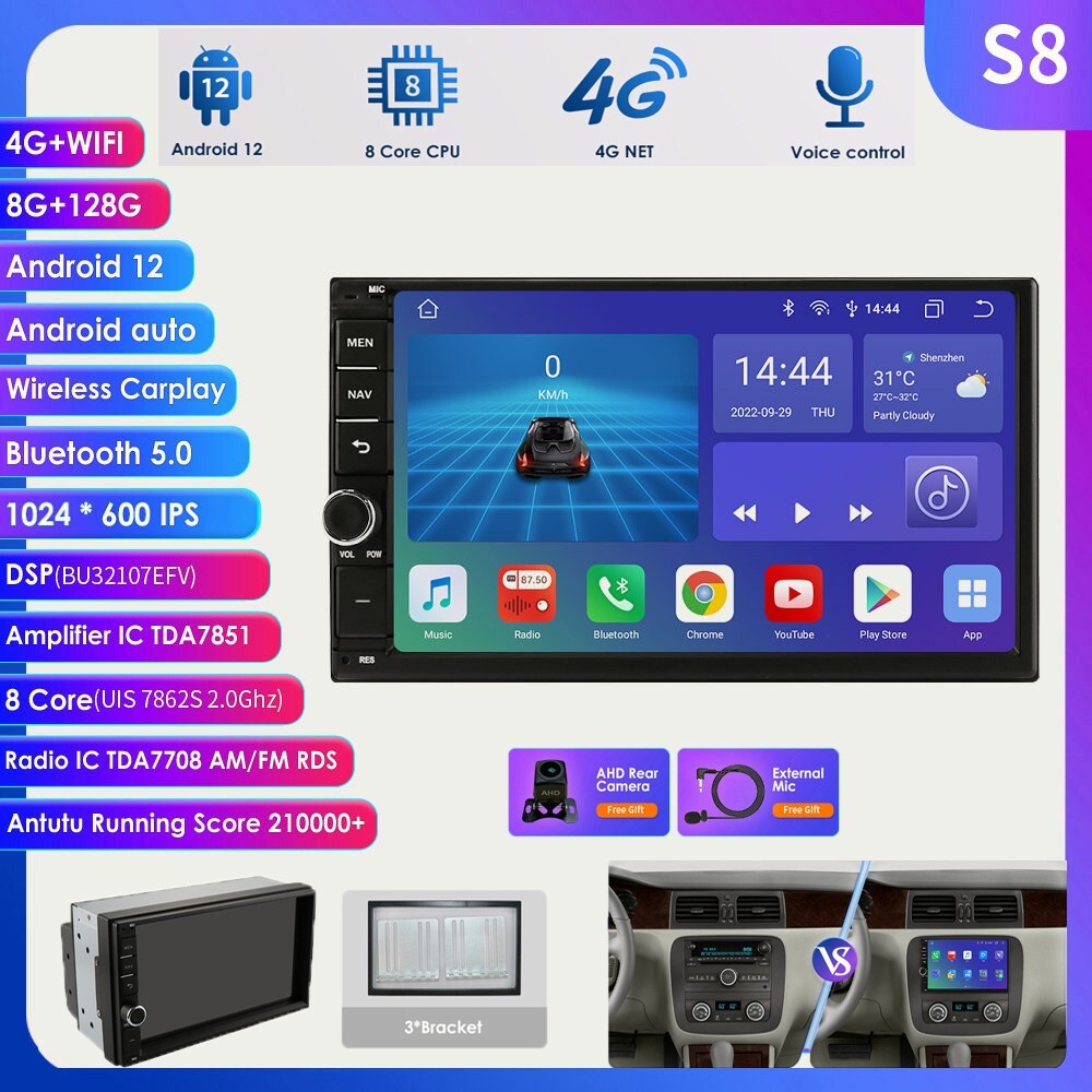 8+128 RAM 2Din 7”Android 12 8Core Car Stereo GPS Radio WiFi CarPlay DSP +AHDCAM