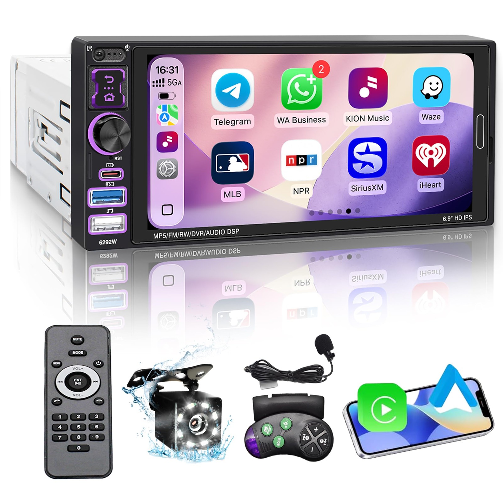 Single Din Car Stereo with Wireless Apple Carplay & Android Auto, 6.9″ IPS To…