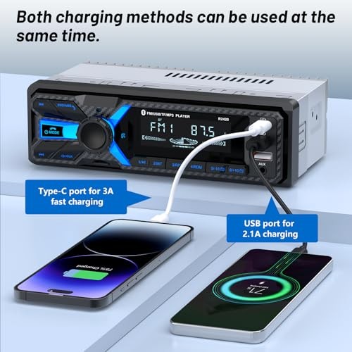 Car Radiotooth with Type-C/USB Port, FM/AM Single Din Car Stereo Radio Blue