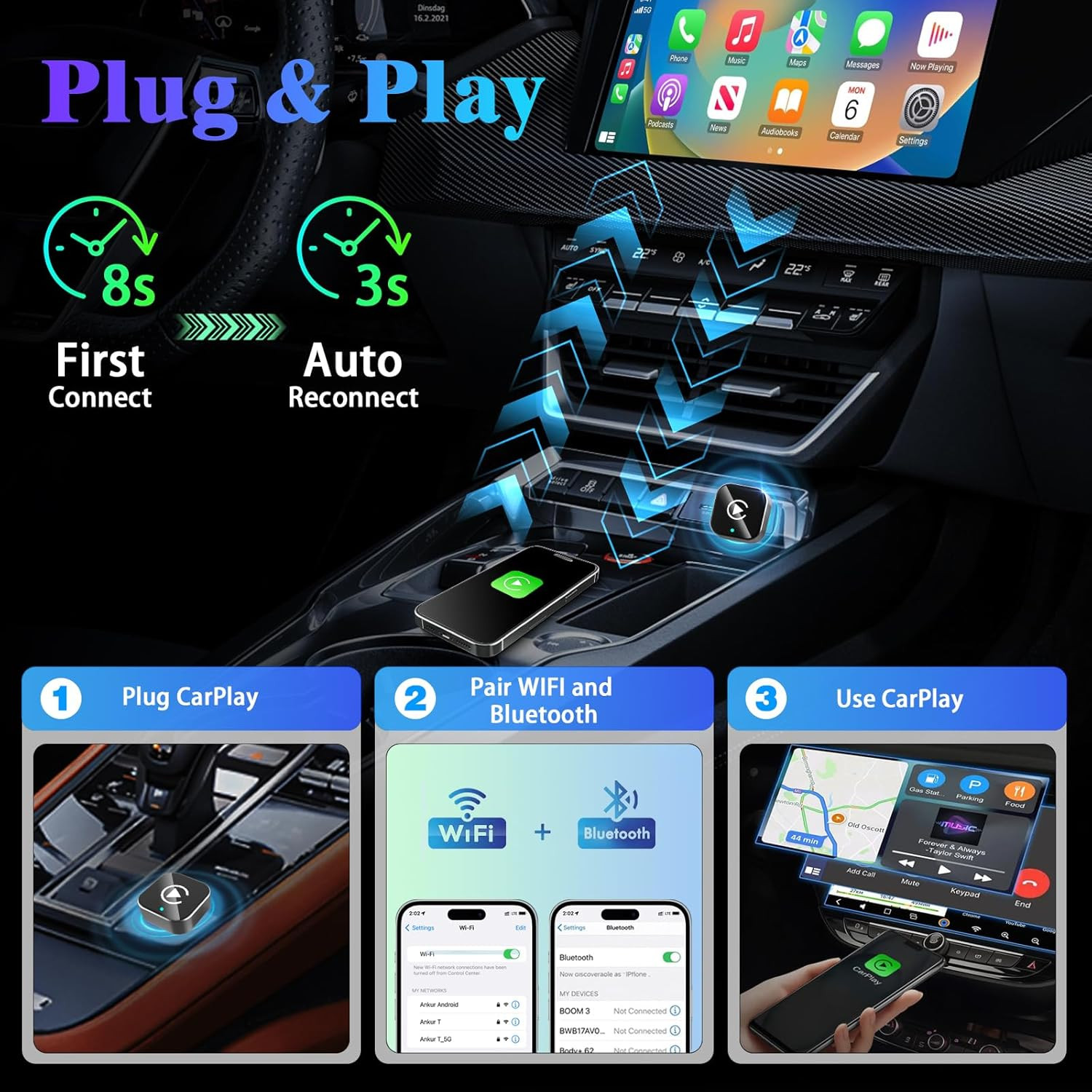 2026 Wireless CarPlay Adapter Upgrade Wired CarPlay to Wireless, Mini USB Design