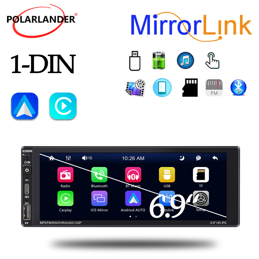 6.9″ 1Din Car Stereo USB/FM/AM/RDS/AUX TFT Touch Screen IOS Carplay Android Auto