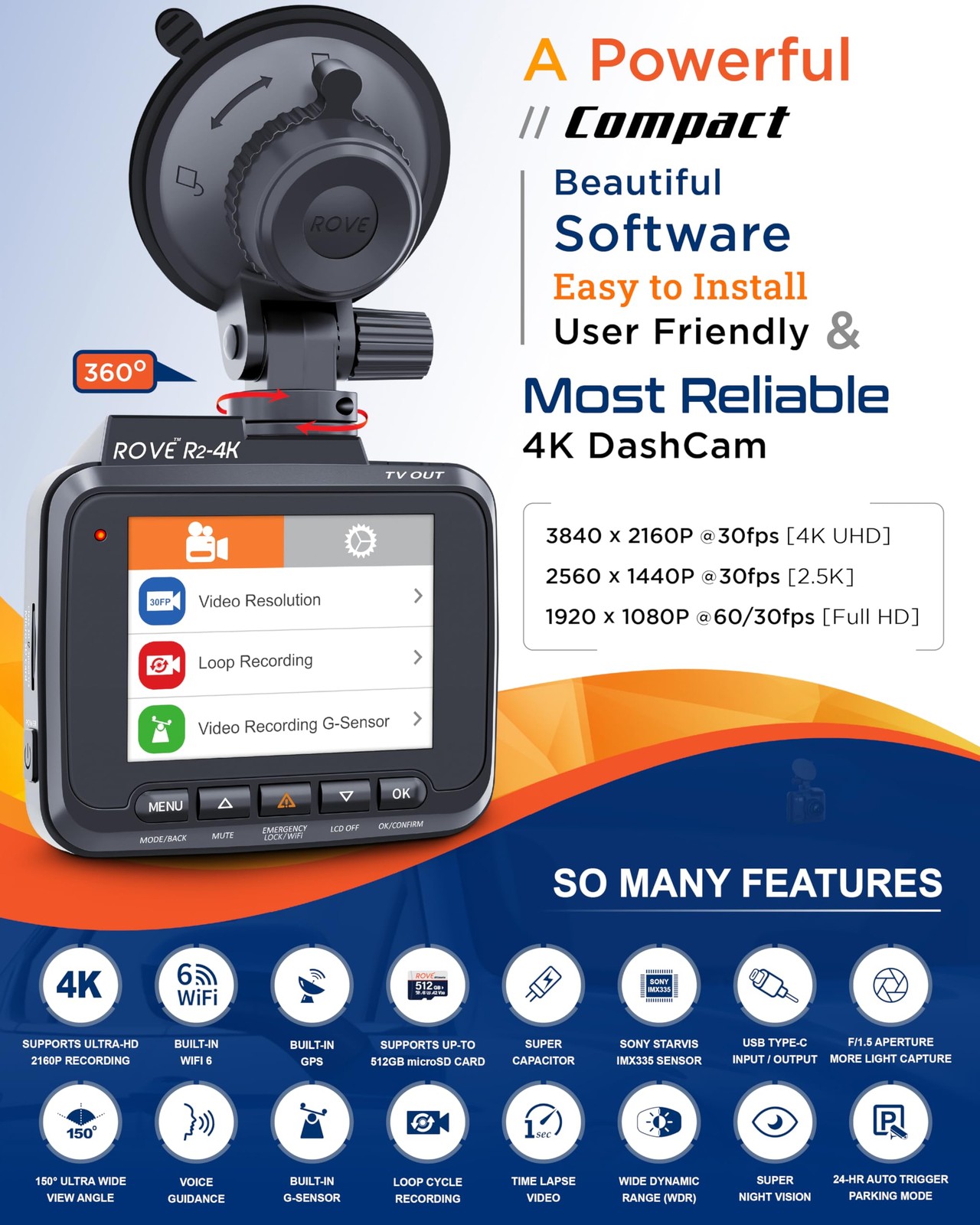ROVE R2-4K Dash Cam Built-in WiFi 6 GPS Car Dashboard Camera Recorder with UHD 2