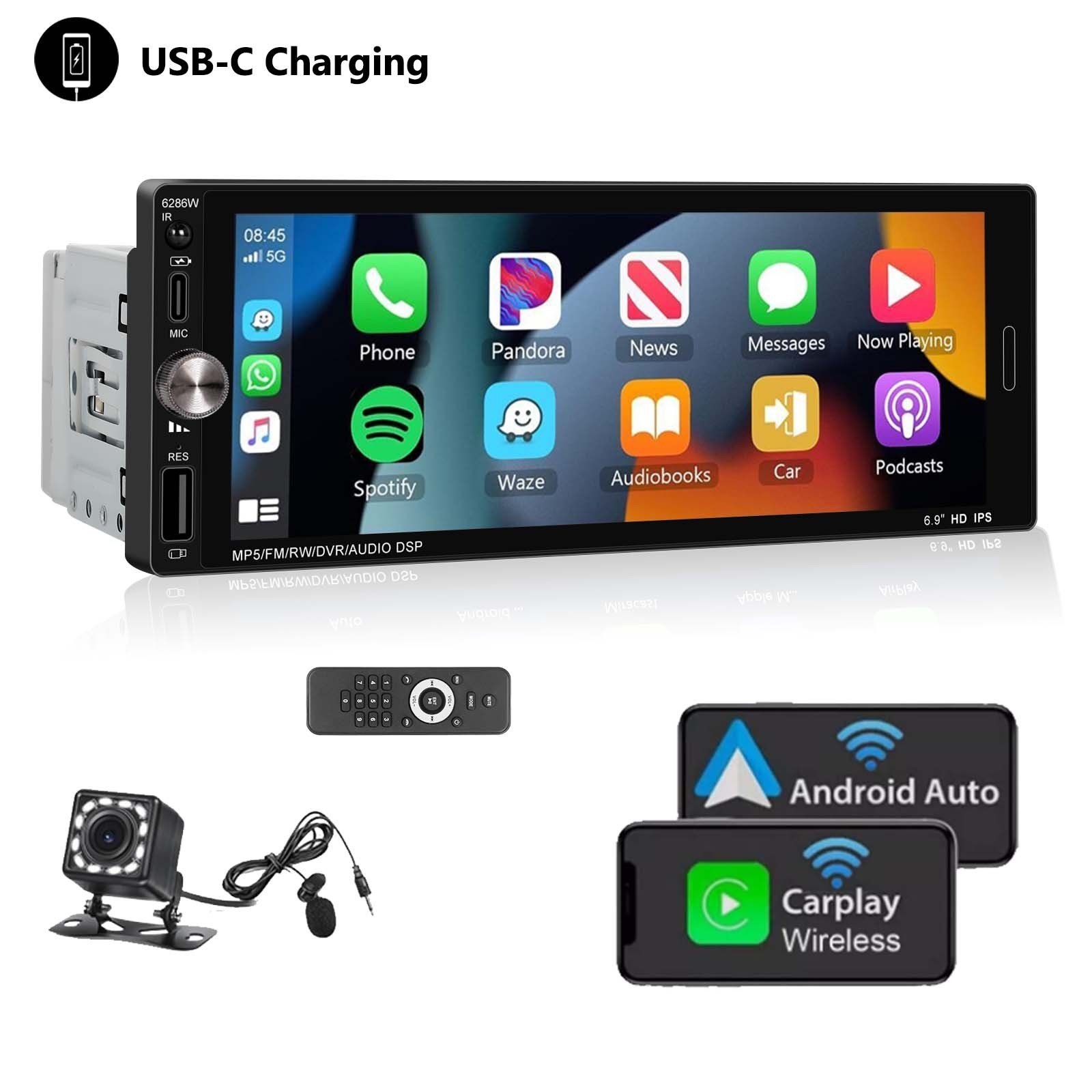 Single 1 Din Car Stereo Wireless CarPlay 6.8″ Touchscreen Bluetooth Radio FM USB