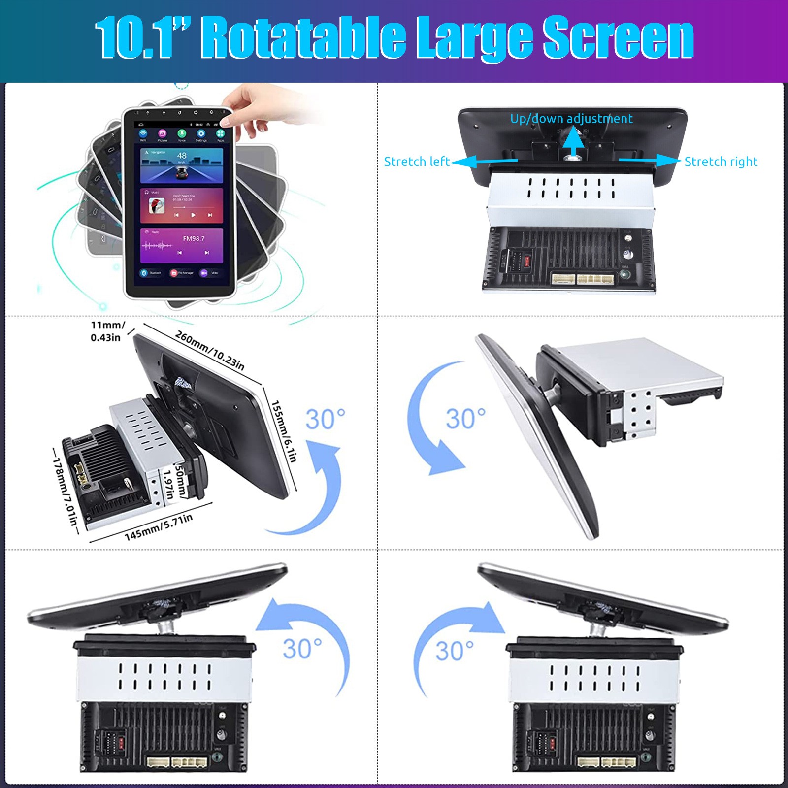 4+64G 10” Single 1 DIN Carplay Android13 Car Stereo Radio Rotatable BT GPS WIFI