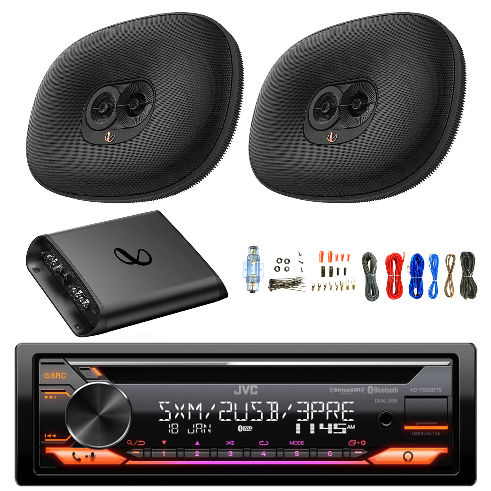 JVC Single DIN Bluetooth CD Stereo Receiver, 2x 6×9″ 180W Speakers, Amp w/Kit