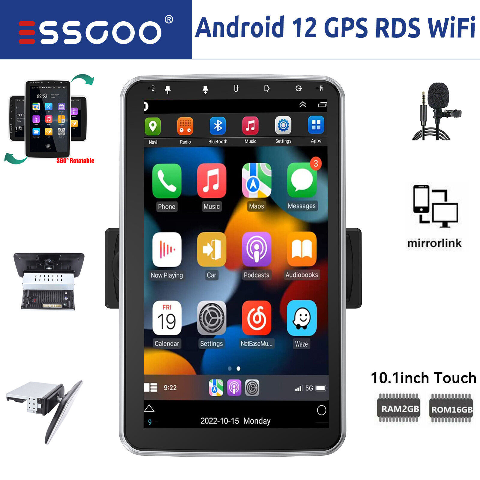 Android 11 Car Radio 1 Din 10.1” Rotatable Touch Screen GPS Stereo RDS SAT NAV