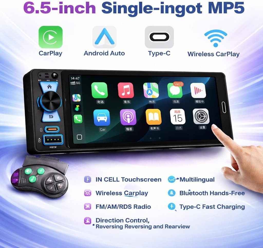 Single Din Car Stereo, 6.5 Inch in-Cell Touch Screen, Wireless Apple CarPlay And