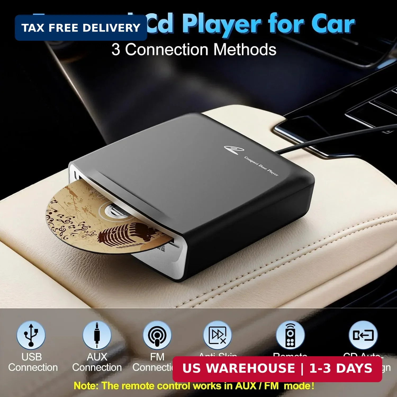 External Universal CD Player for Car – Portable Car CD Players with AUX Cable &