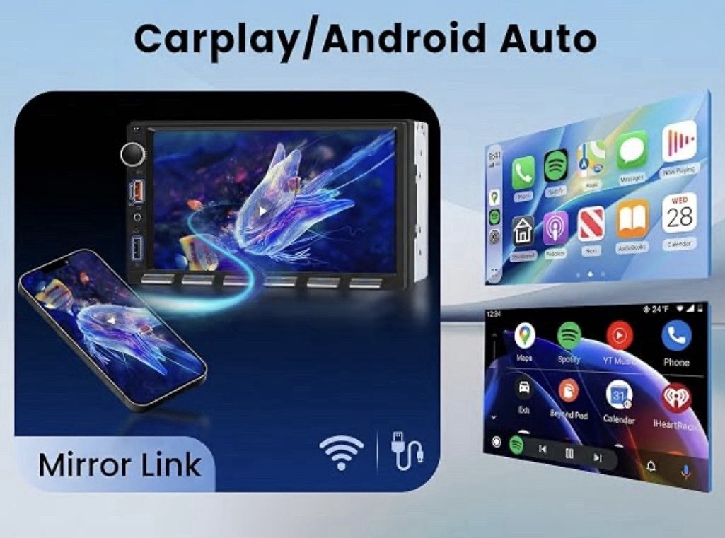Double Din 7 Inch Car Stereo with Wireless Carplay & Android Auto Backup Camera