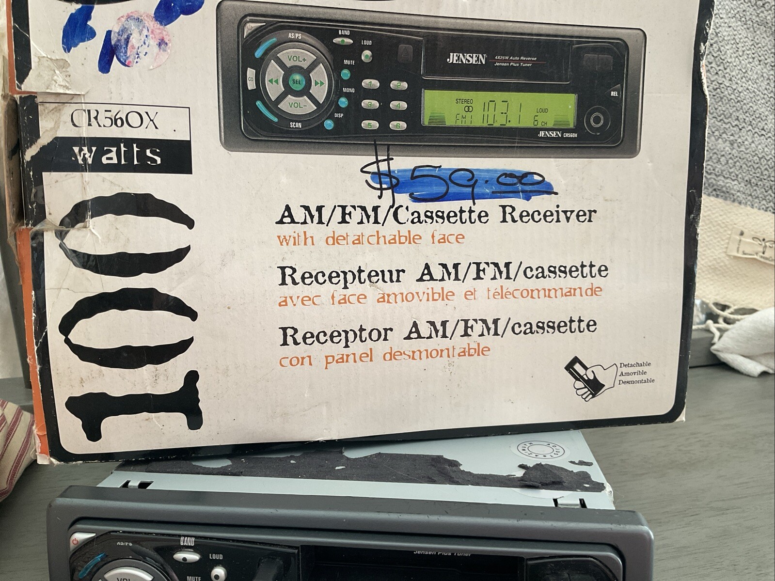 Jensen CR56OX AM/FM Radio Car Cassette Tape Receiver W/ Detachable Face 100 Watt
