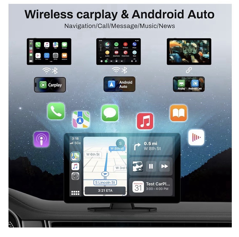Wireless Apple Carplay Screen for Car 4K Dash Cam, 9″ Portable Apple Carplay