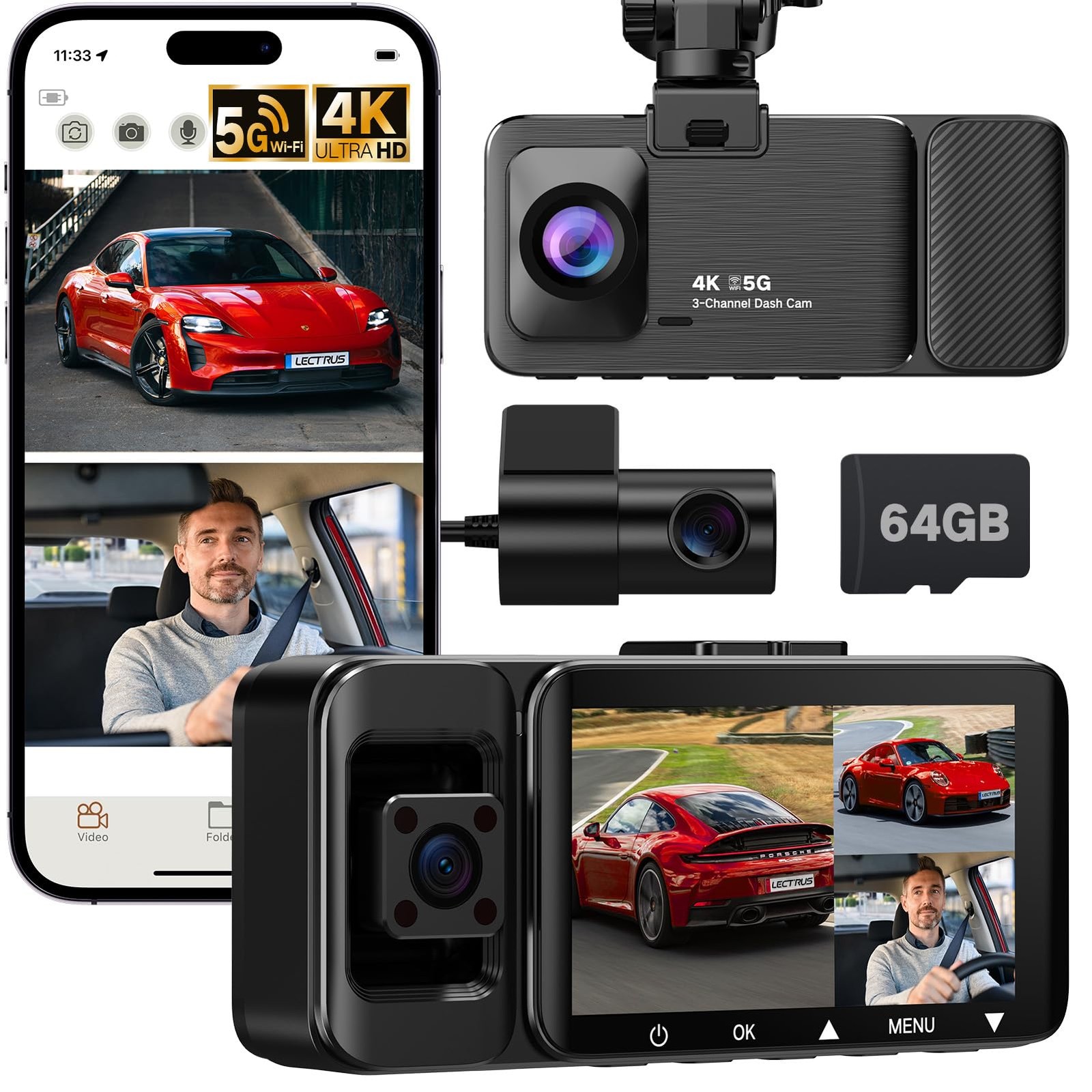 4K UHD 3-Channel Dash Cam Front/Rear/Inside Car Camera with 64GB – Night Vision/
