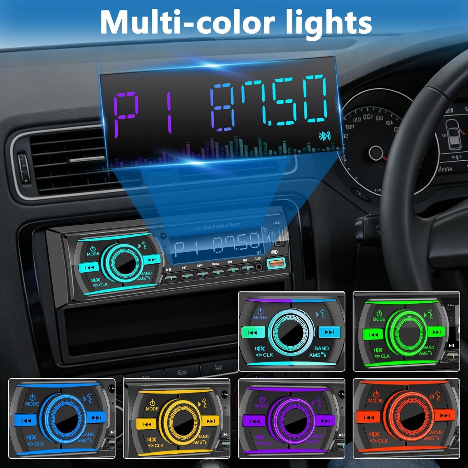 Bluetooth Single Din Car Stereo – Hands-Free Calling & App Control, 7 LED Colors