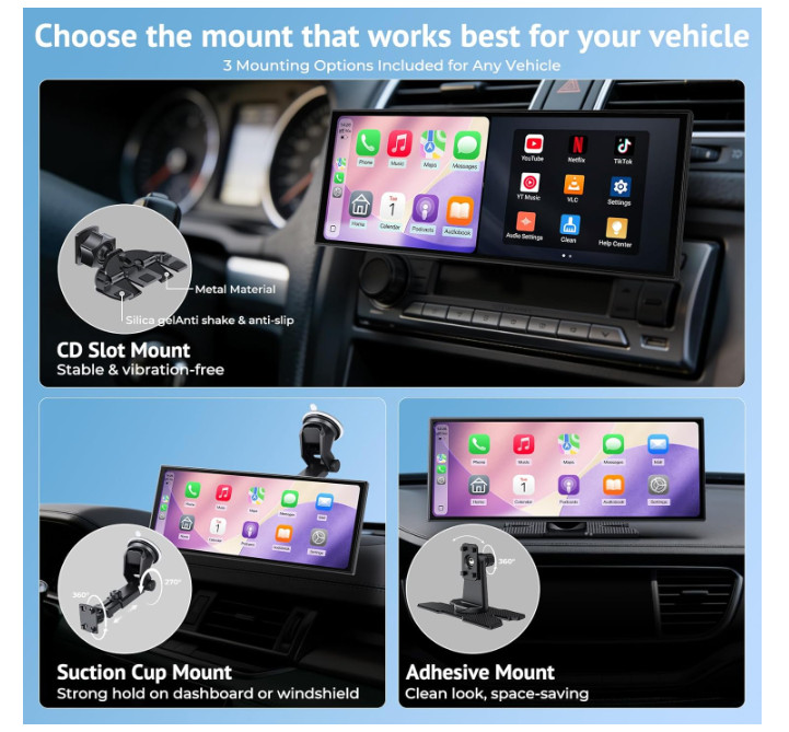 11.26″ Wireless CarPlay Screen for Car, Portable CarPlay & Android Backup Camera