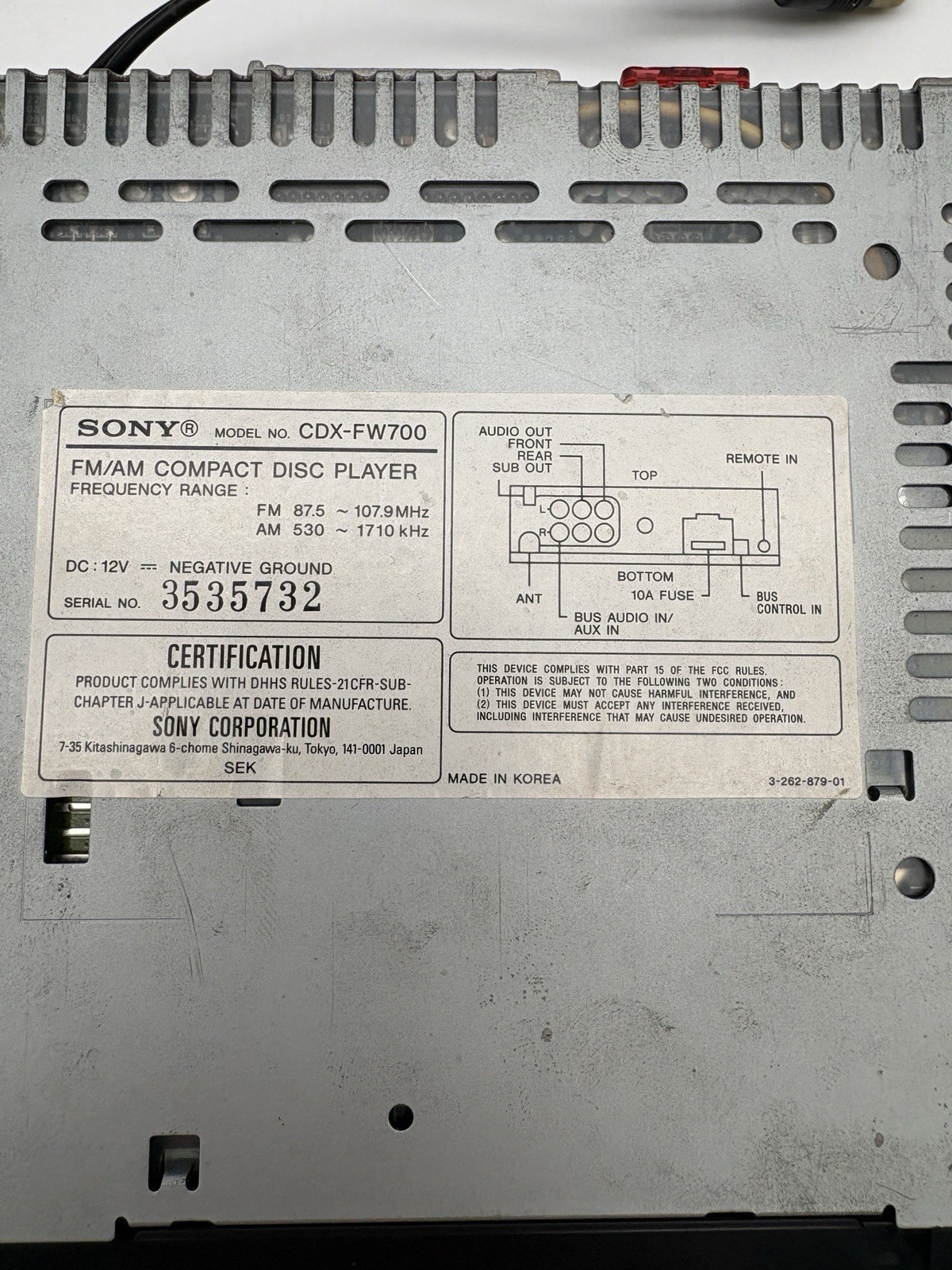 Sony CDX-FW700 CD Player 1 DIN In-Dash Equalizer Detachable Face
