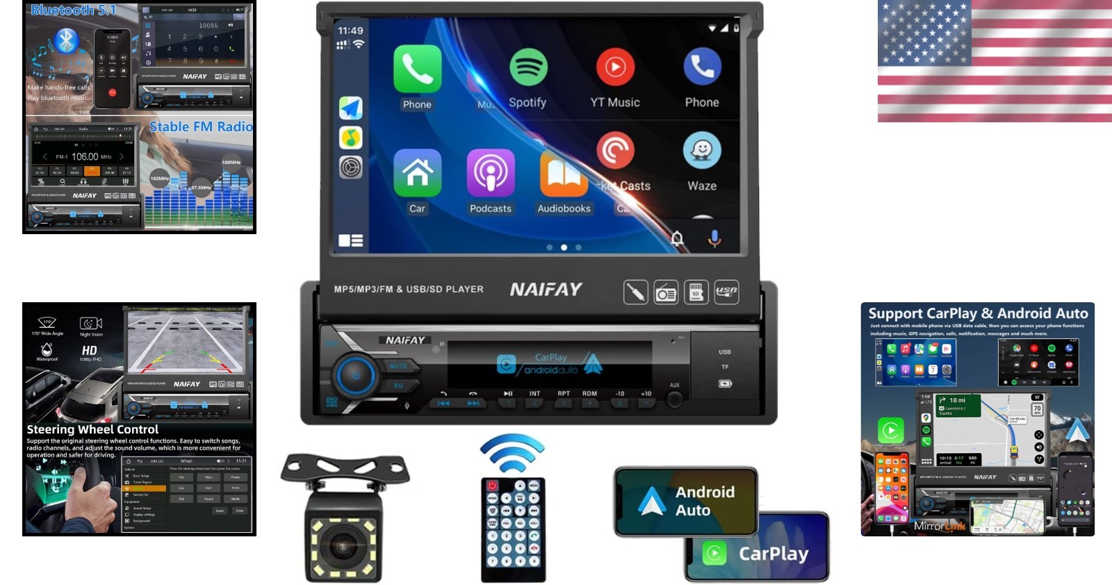 Naifay Single Din Touchscreen Car Stereo with Carplay & Android Auto, 7inch Flip