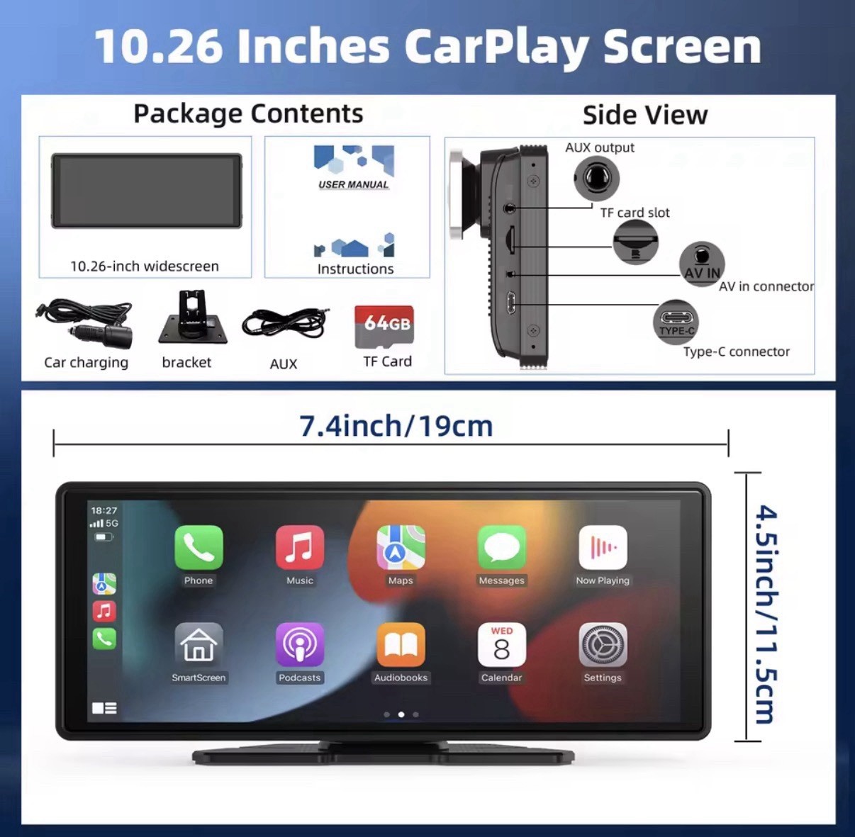 Portable Wireless Carplay Car Stereo, 10.26″ inch HD Touchscreen