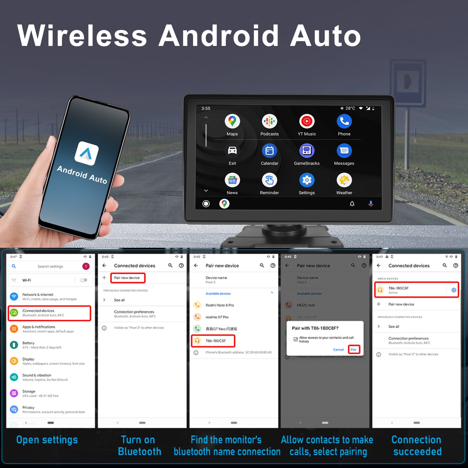 4.7″ Touch Screen BT Wireless Apple Carplay Android Auto Car Stereo Portable