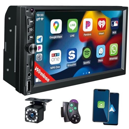 Wireless Double Din Car Stereo Works with Apple Carplay,7 Inch HD 1024 * 600