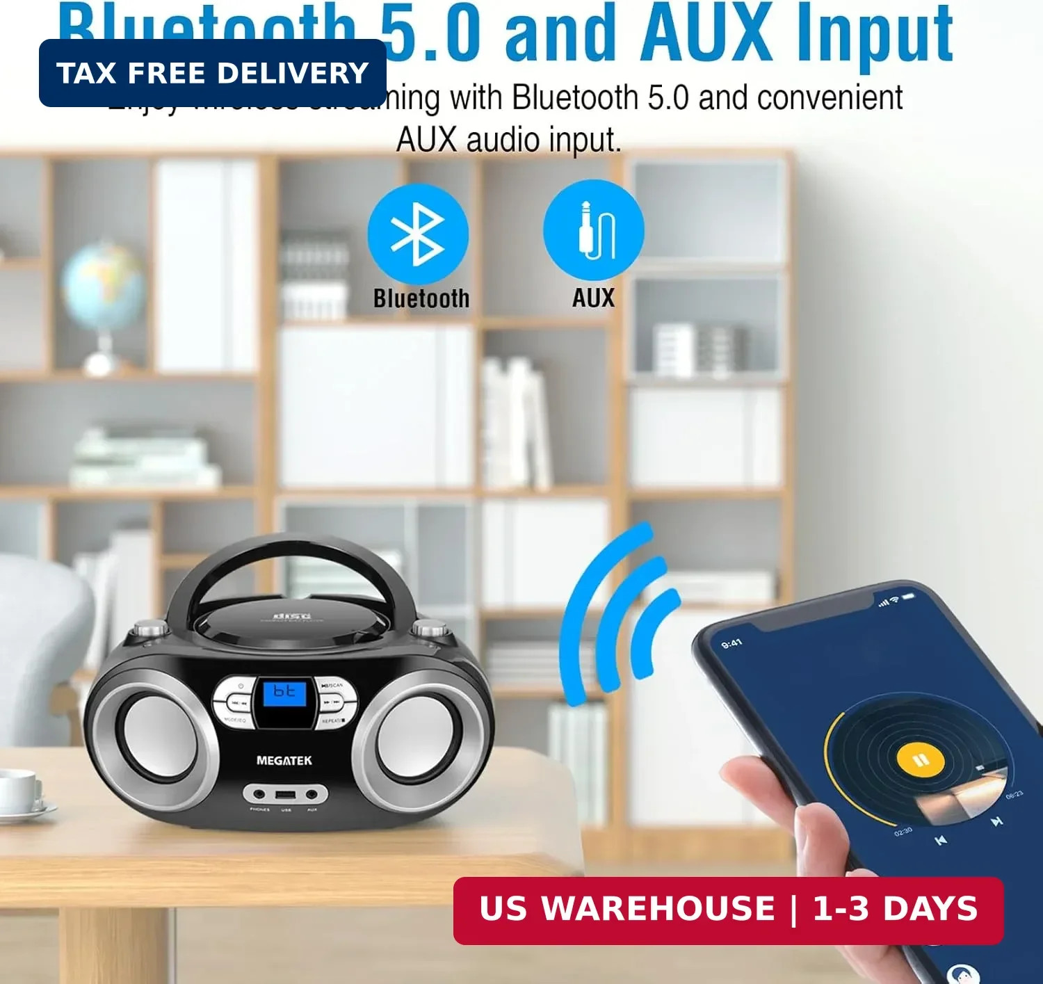 MEGATEK Portable CD Player Boombox with FM Radio, Bluetooth, USB Port, AUX Input