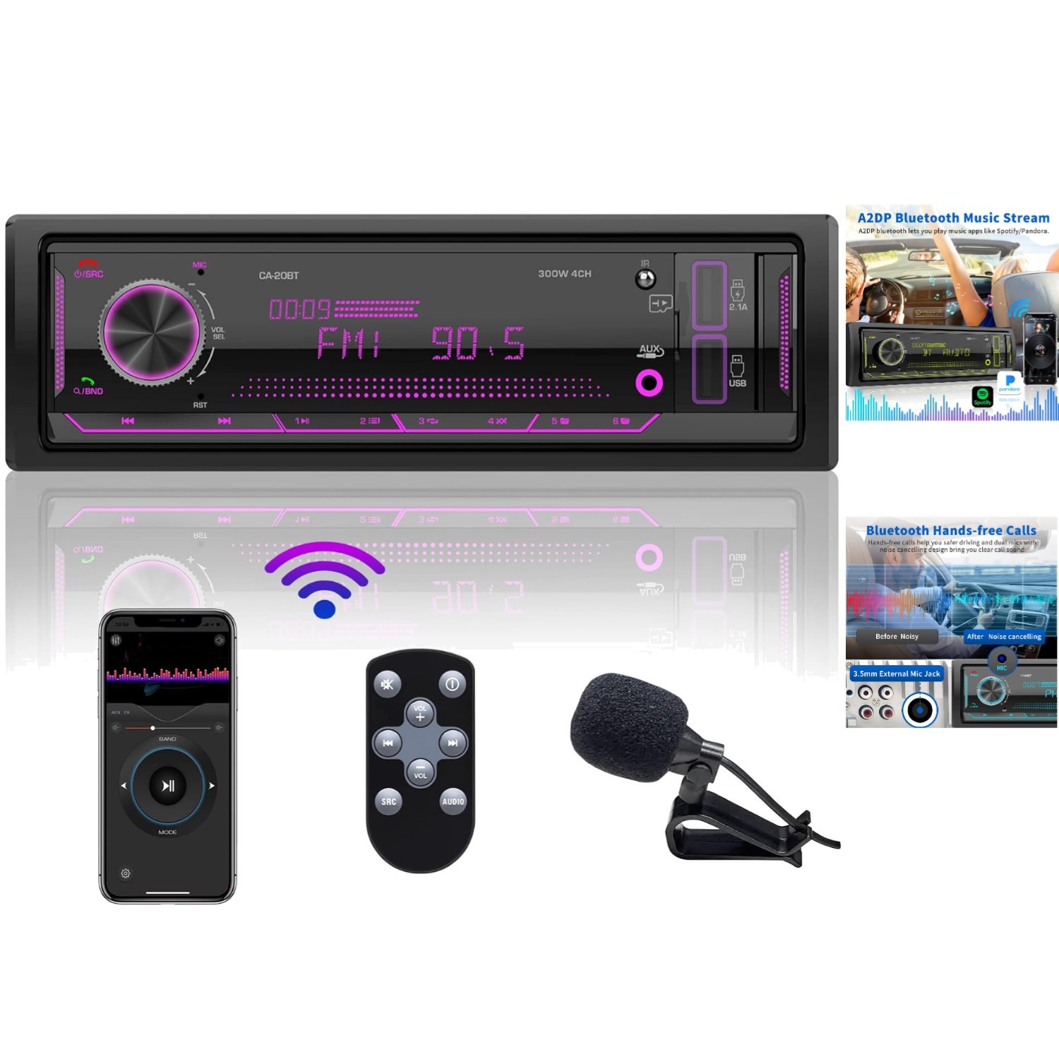 300W Bluetooth Car Stereo: Hands-Free Calls, Multi-Input & App Remote Control