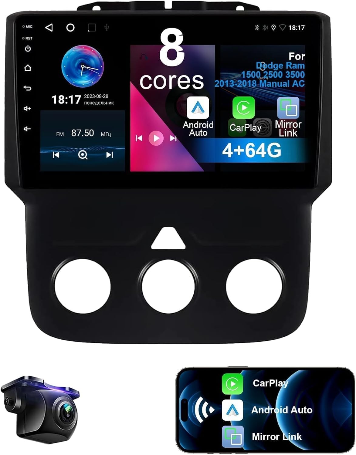8 Core Car Radio for Dodge Ram 1500 2500 3500 2013-2018 Manual AC 4+64G with …