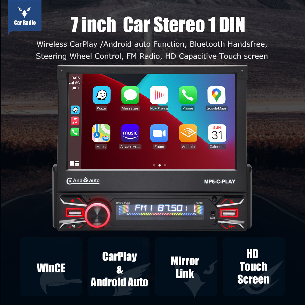 Single 1 DIN 7″ Flip Out Car Stereo BT CarPlay FM Radio Touch Screen MP5 Player