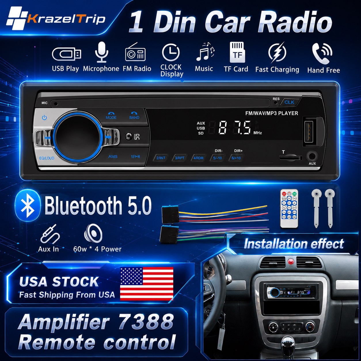 One Din MP3 Player Car Radio Stereo Audio in-Dash FM Aux Receiver USB Bluetooth