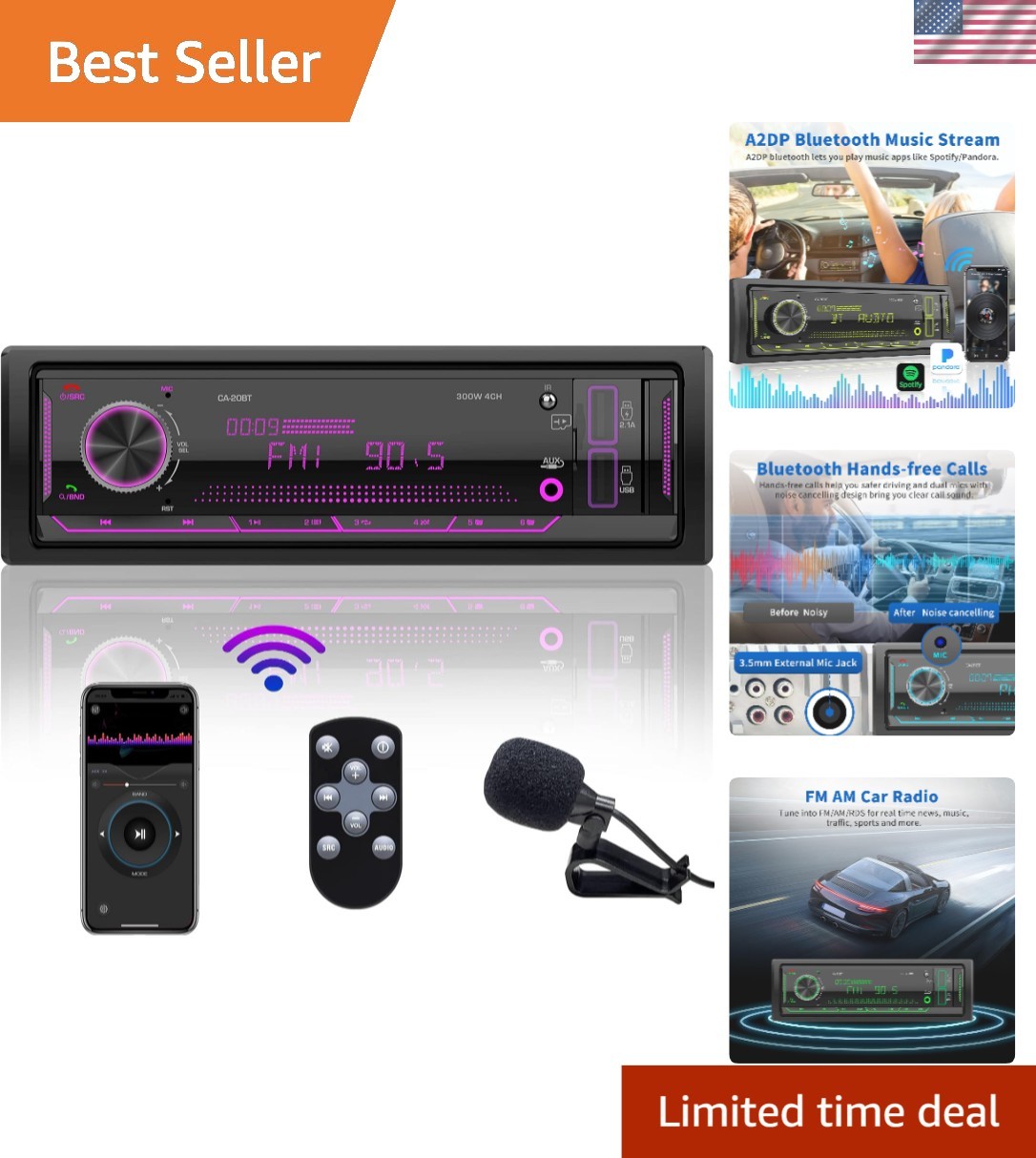 Multicolor LCD Marine Audio System: Bluetooth Car Receiver with Quick Charge