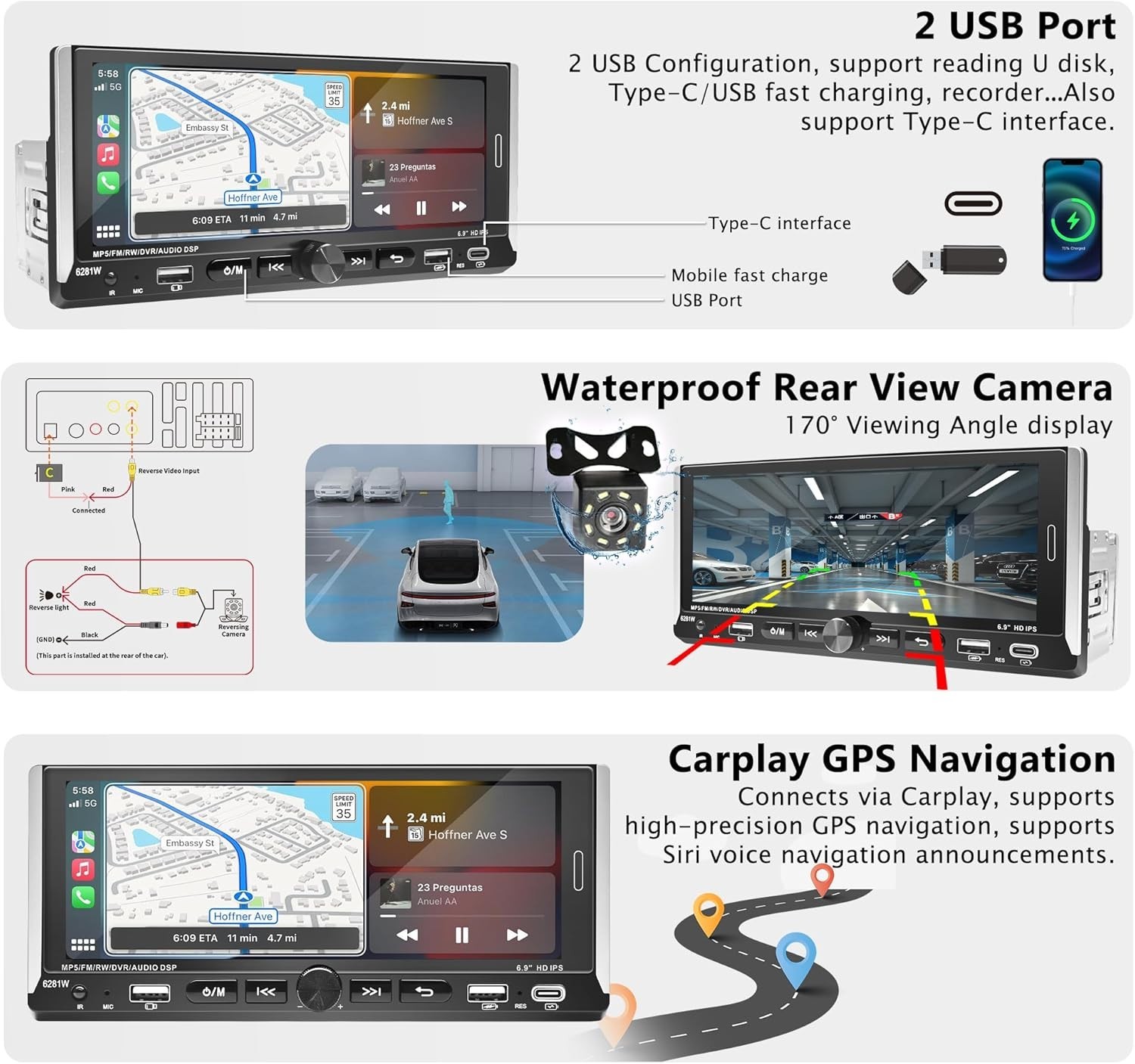 Wireless CarPlay and Android Auto Car Stereo with Night Vision Backup Camera