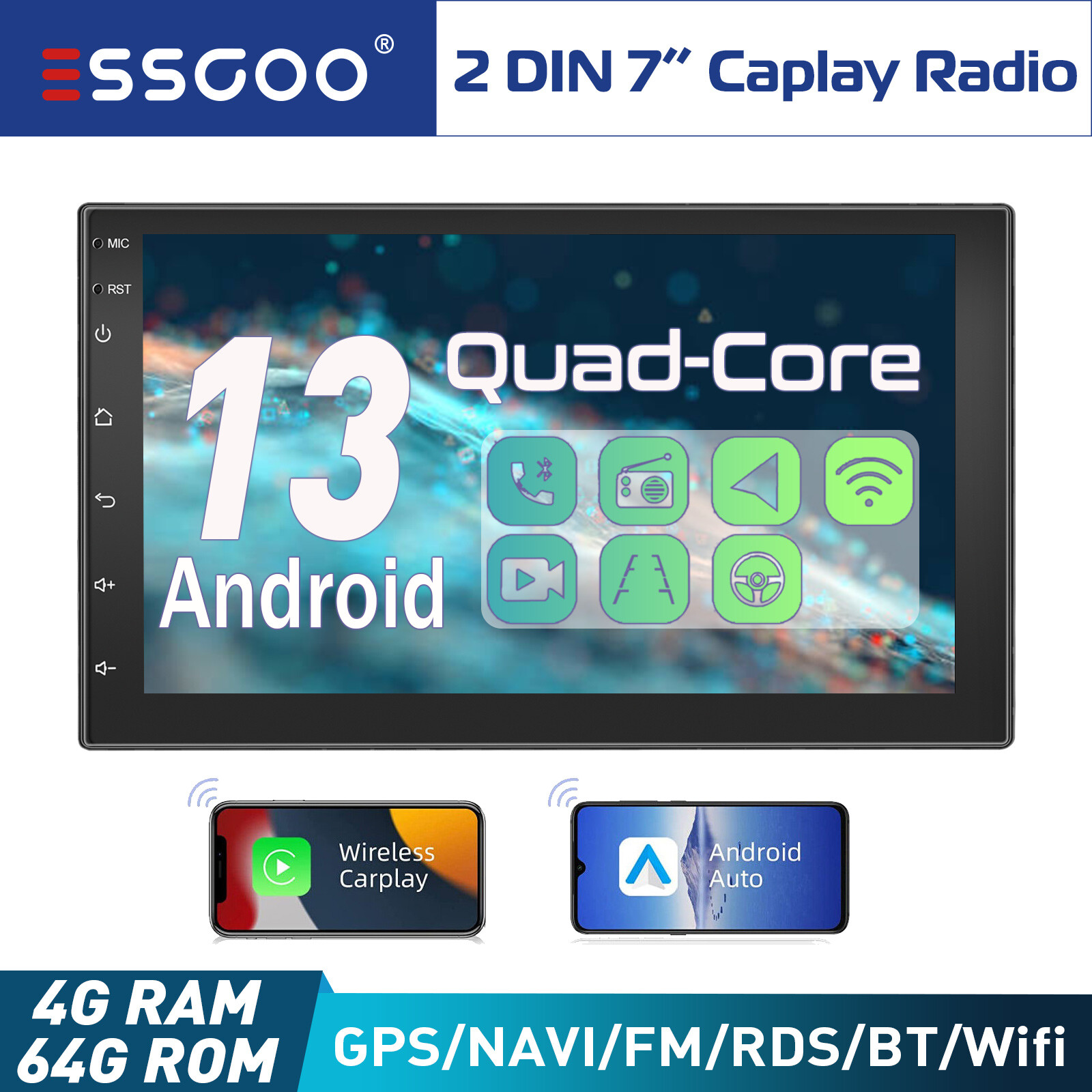 7″ 4+64G Android 13 Auto Car Stereo Carplay GPS NAV Radio 2 DIN BT IPS USB WIFI