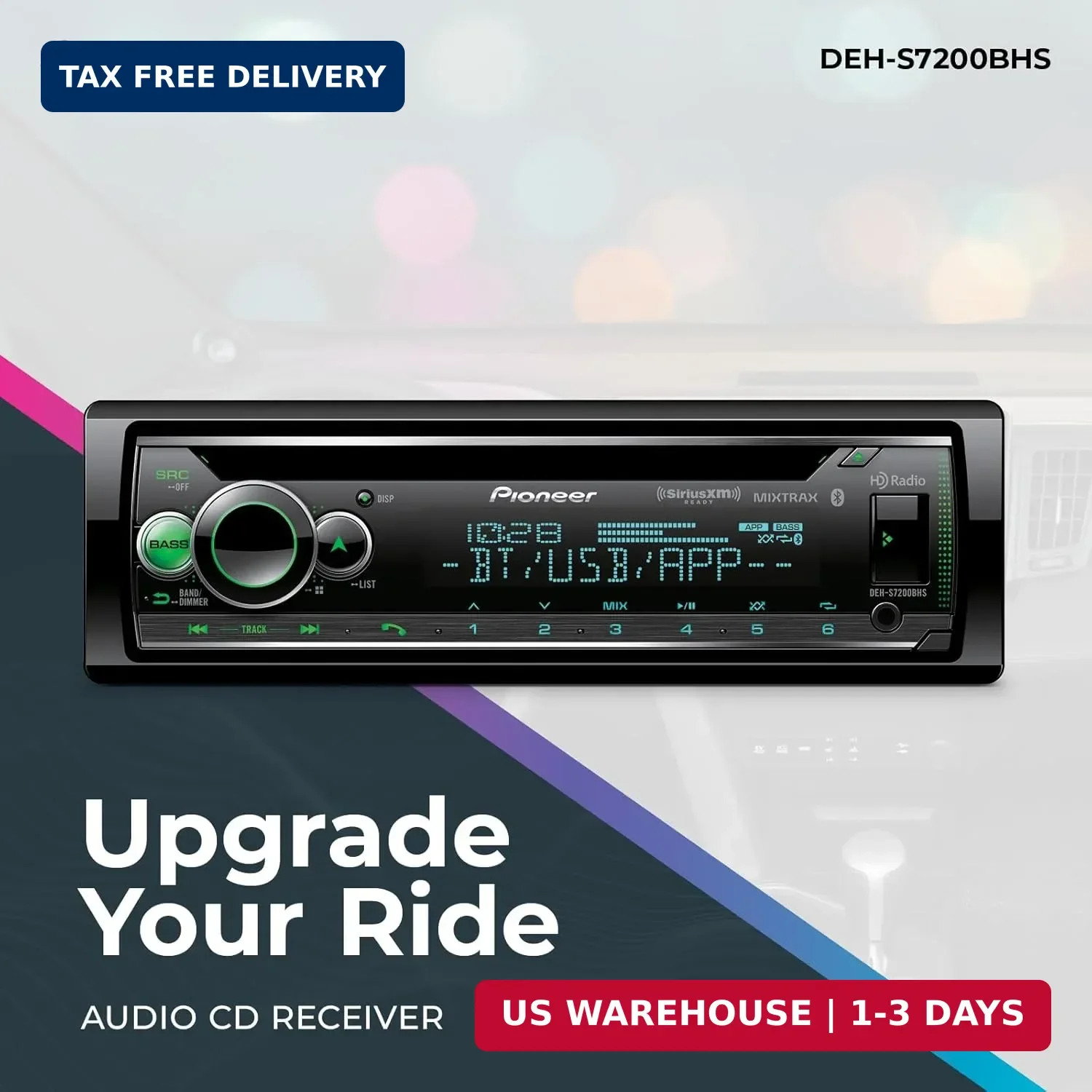 Pioneer DEH-S7200BHS 1-Din CD Receiver – Bluetooth, HD Radio, SiriusXM, USB/AUX,