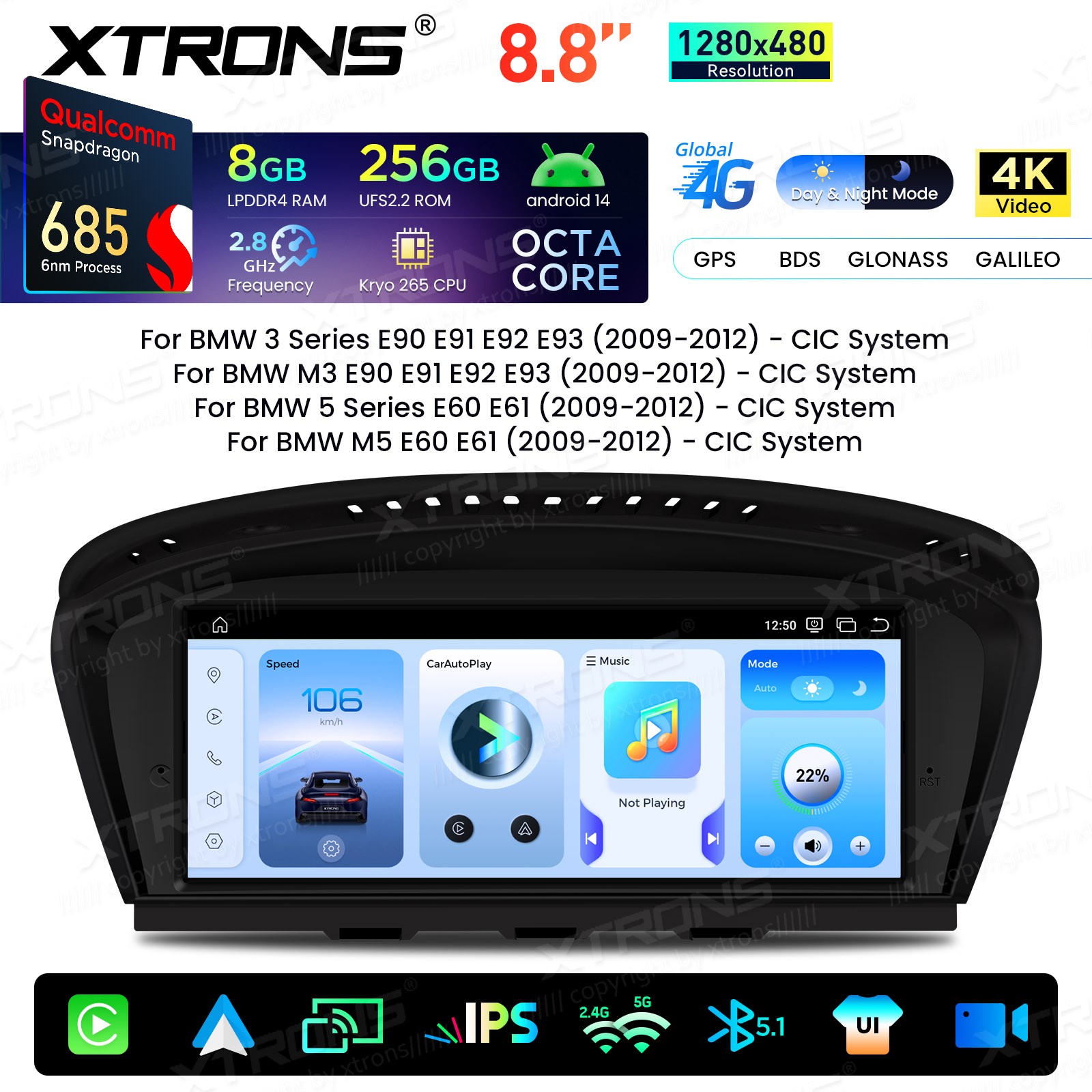 Android 14 8.8″ For BMW 3 5er E90 E60 CIC CarPlay Car Screen Upgrade GPS 8+256G