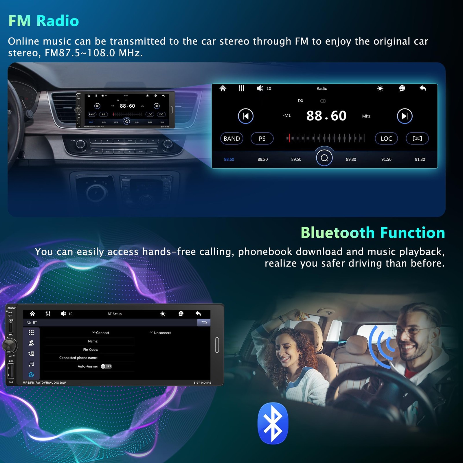 Emeito 6.9 Inch Single Din Car Stereo Touchscreen Radio Gunmetal Color