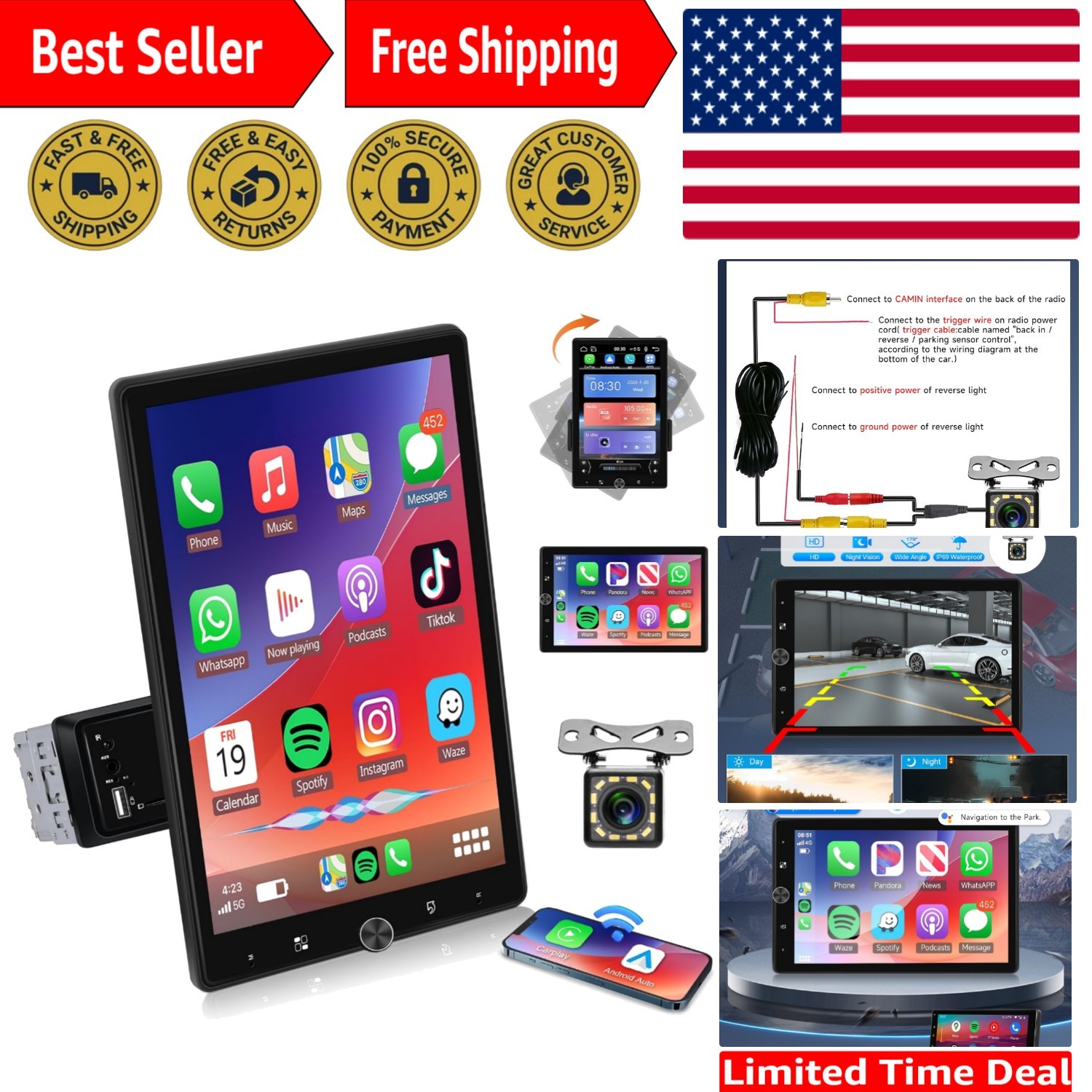 10.4″ Rotatable Touchscreen with HD Backup Camera and Subwoofer Support