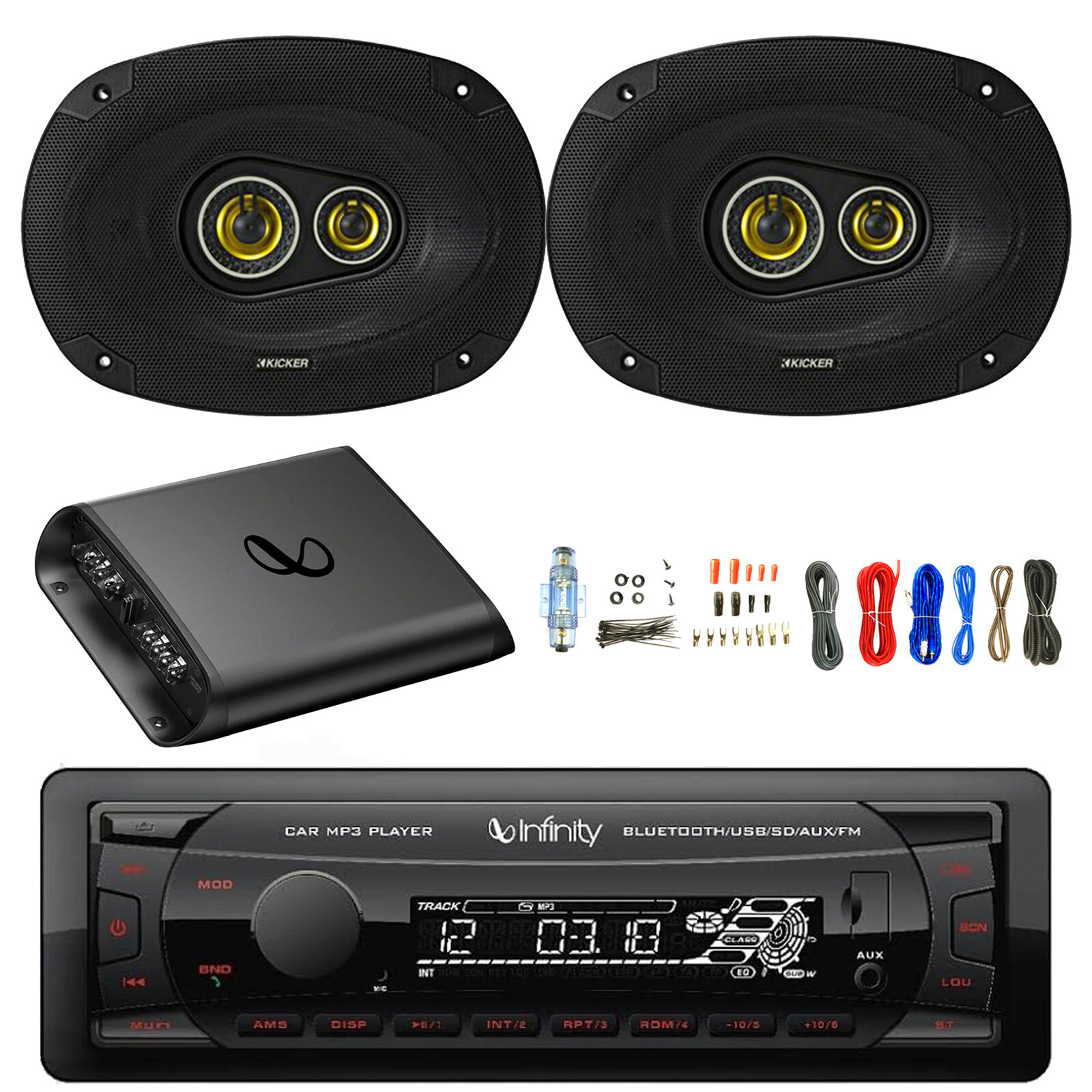 Infinity Single DIN Bluetooth MP3 Receiver, 2x 6×9″ 450W Car Speakers, Amp w/Kit