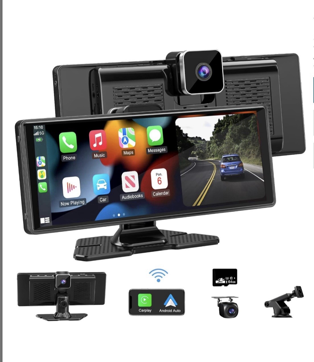 CarPlay & Android Auto, 10HD Inch 4K/1080P, GPS, FM, Voice