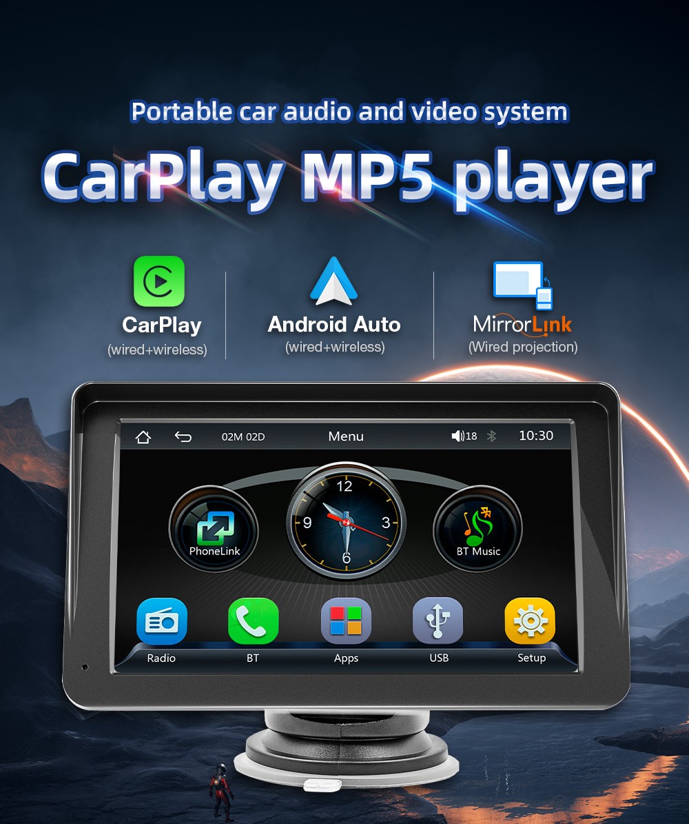 7 Inch Portable WIFI Wireless Carplay Android Auto Car Radio MP5 Player 2 DIN US