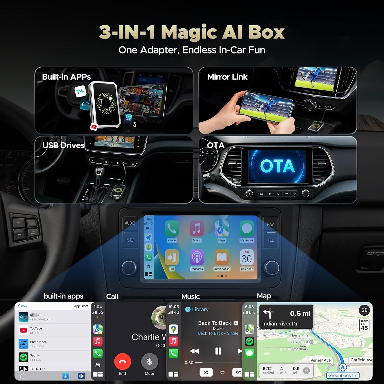 3-in-1 Wireless Carplay Adapter Magic AI Box w/Netflix YouTube USB Drive for OEM
