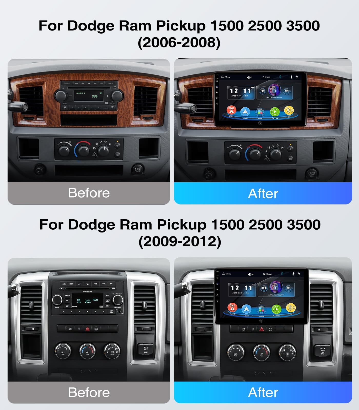 10″ Touchscreen Wireless Carplay Android Auto Stereo for 2006-2012 Dodge Ram