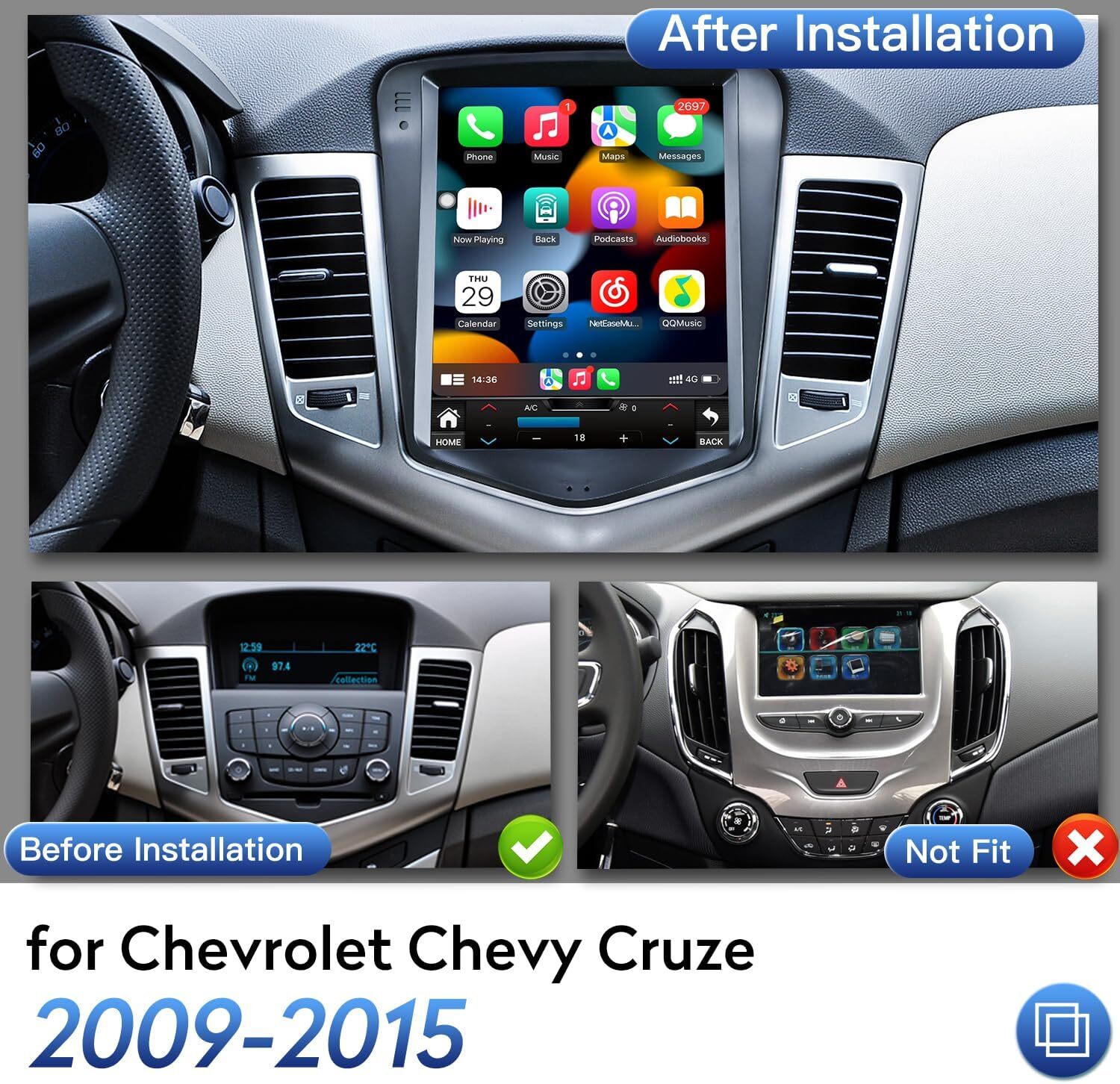 Car Apple Carplay Radio For Chevy Cruze 2011-2015 Android 12 GPS Stereo w/Camera